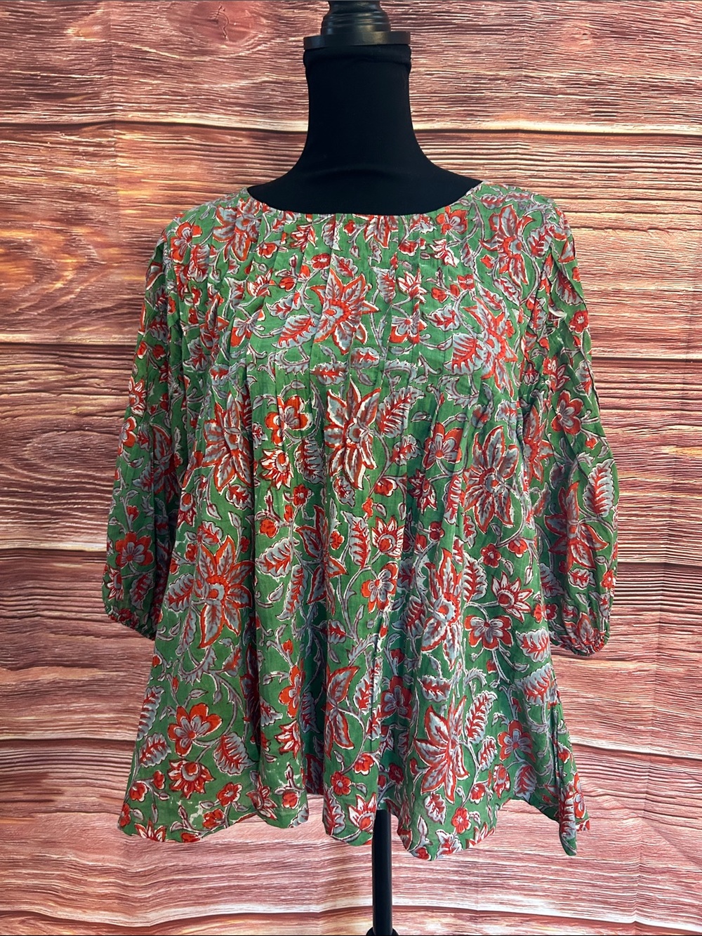 Green Floral Peasant Tunic Top - Boho Women's Blouse | Size Small